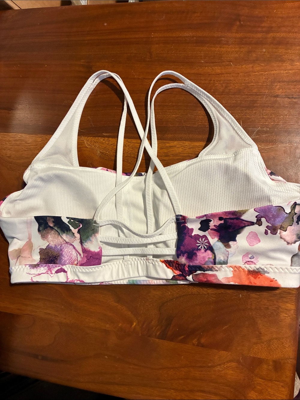 Athleta Floral Watercolor Strappy Sports Bra in White, Purple, Pink, Navy - Picture 3 of 5